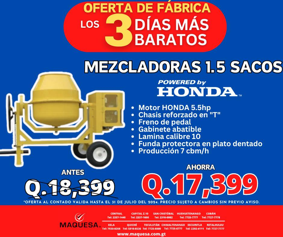 MEZCLADORAS 1.5 SACOS MOTOR 5.5 HP A MAÑANA Y HOY OFERTAS