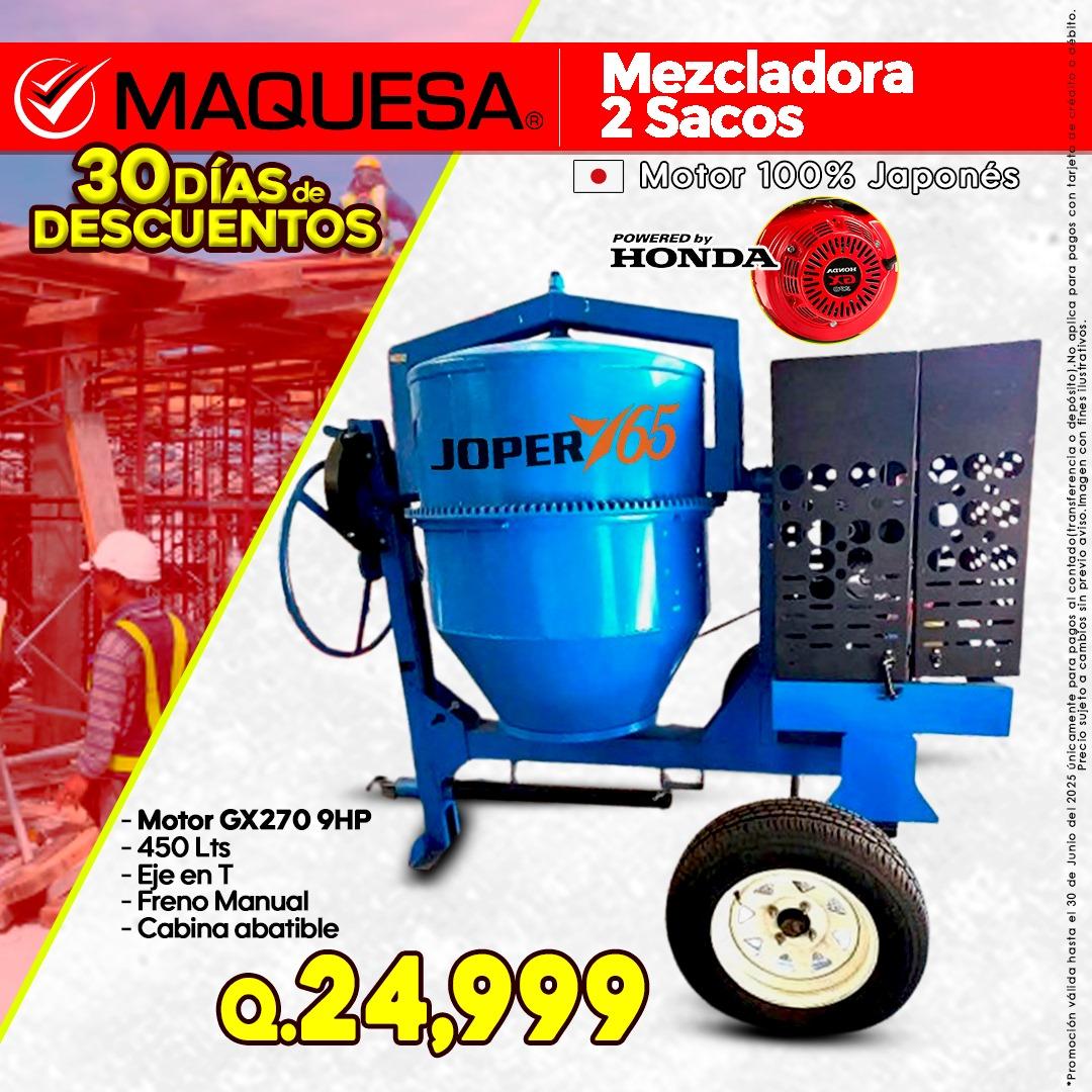 Mezcladora Joper 2 Sacos Motor HONDA 9Hp