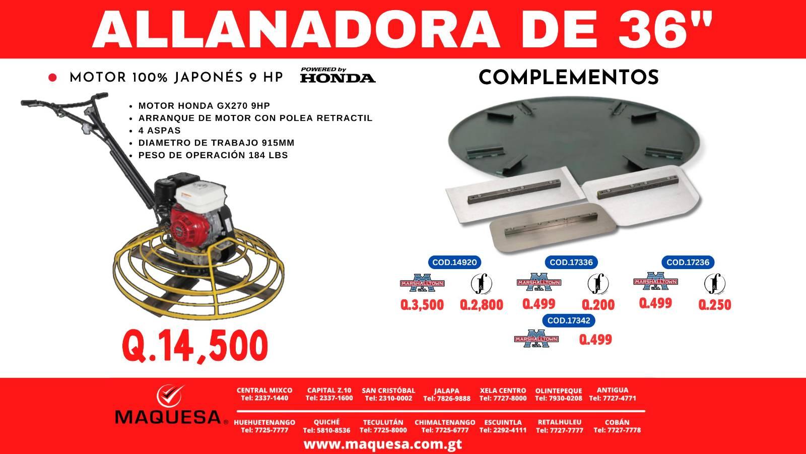 ALISADORA DE CONCRETO DE 36 PULGADAS MOTOR HONDA 