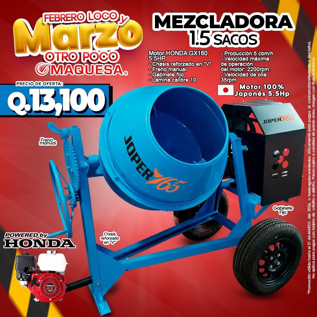 MEZCLADORA JOPER 1.5 SACOS MOTOR HONDA 5.5 HP EN MAQUESA