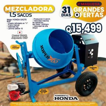 MEZCLADORAS JOPER 1.5 SACOS MOTOR HONDA 9 CABALLOS 