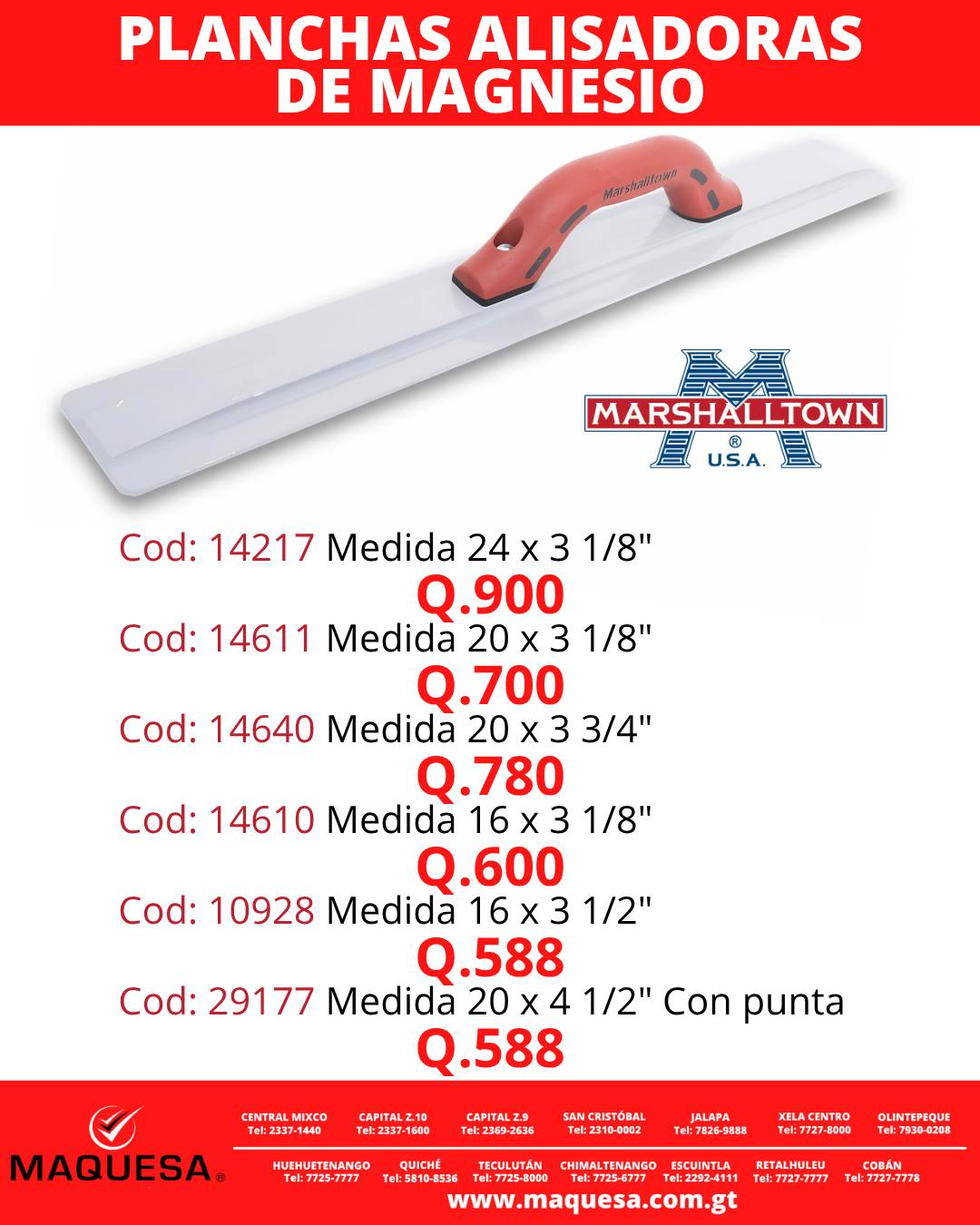 PLANCHA ALISADORA DE MAGNESIO MARSHALLTOWN USA EN MAQIUESA 
