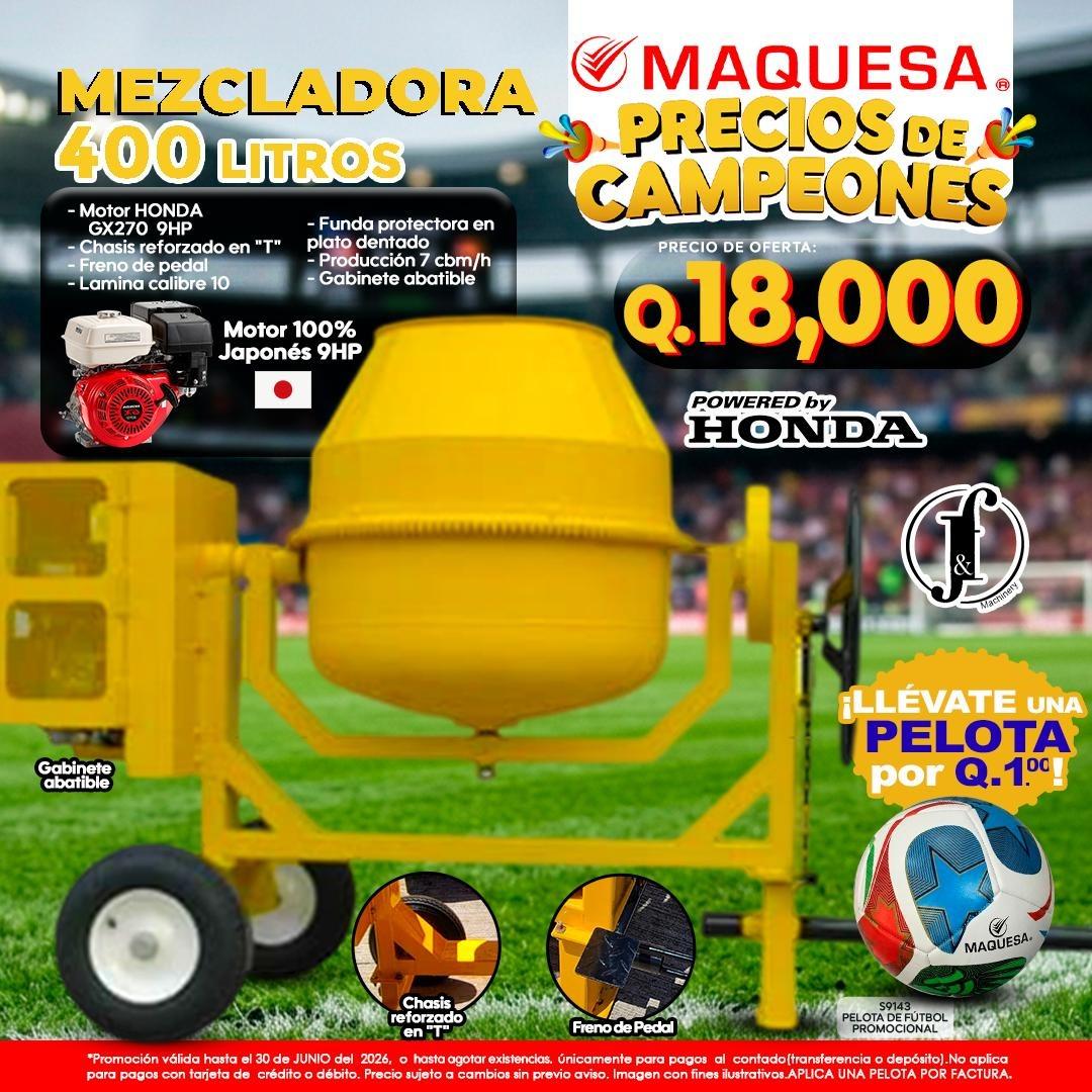 MEZCLADORA JF 1.5 SACOS 400 LTS MOTOR HONDA 9 HP 